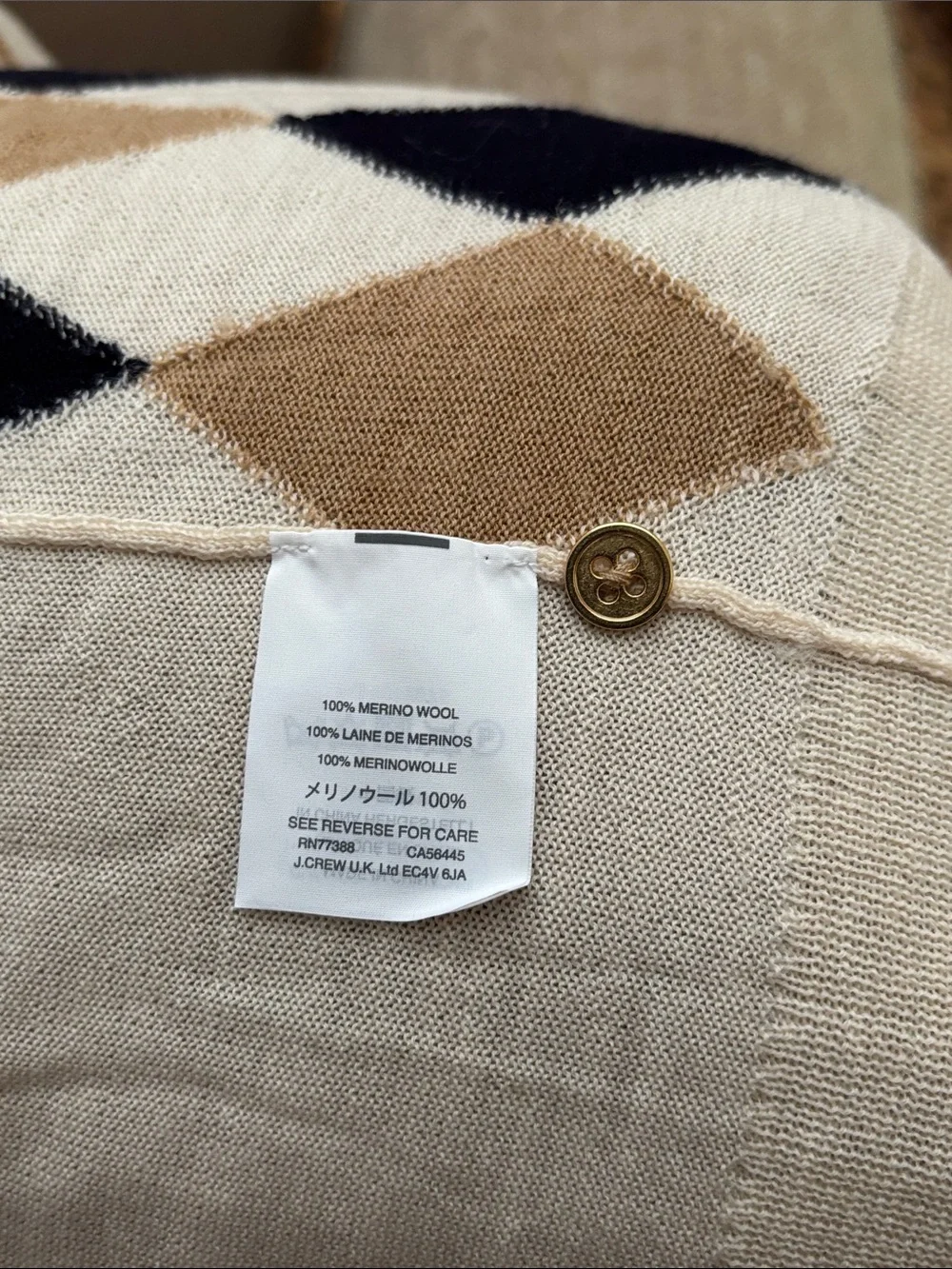 Argyle Button-Front Cardigan in Beige, Black & Cream